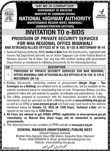 National Highway Authority Mianwali Tender Notice